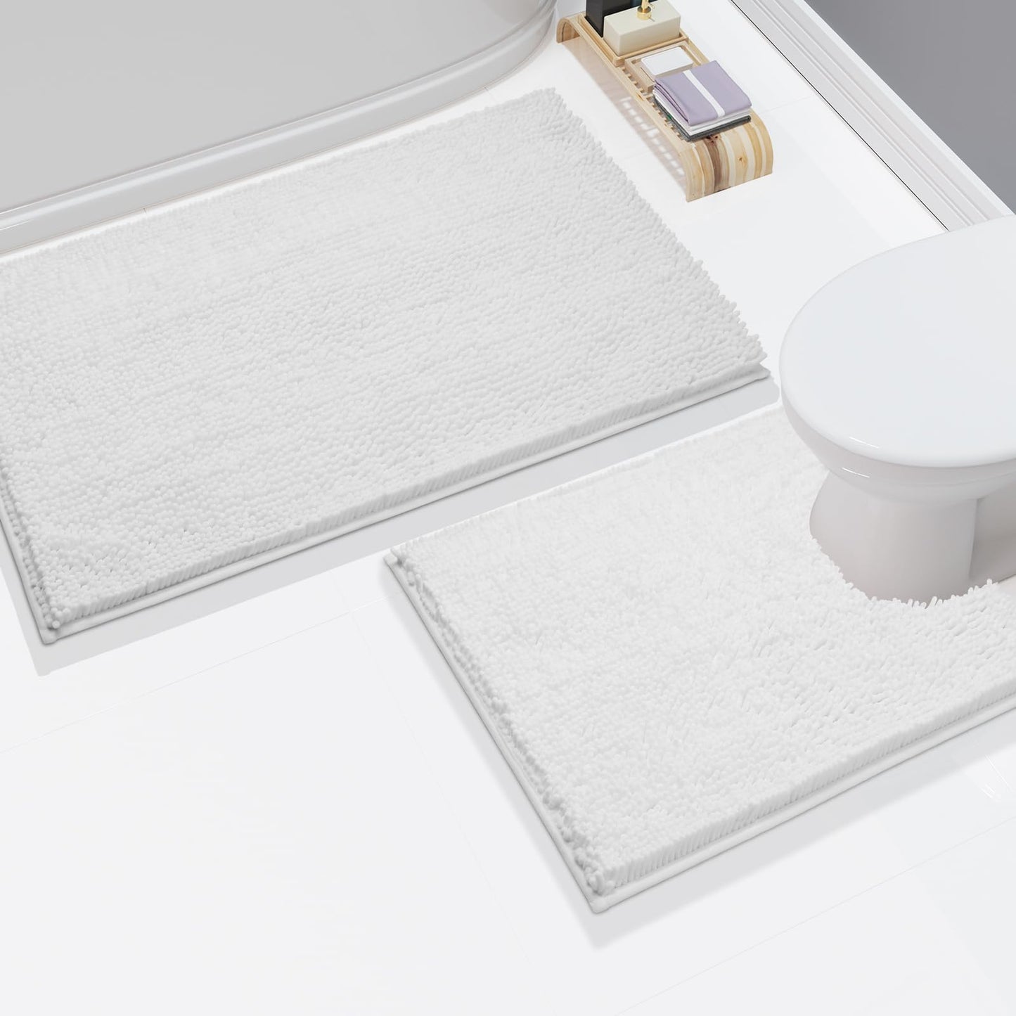 Yimobra Chenille Bathroom Rugs - 24"x17" Super Luxury Soft & Absorbent Quick Dry - Non Slip Bath Mat for Tub Shower - Machine Washable - Bright White