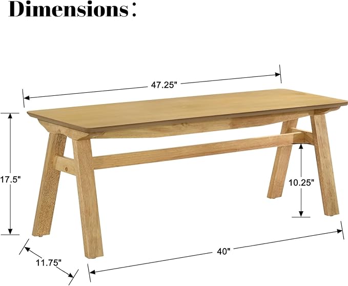 DUOMAY Solid Wood Long Dining Bench, 47" Wide Farmhouse Bench with A-Shaped Legs Mid Century Modern Entryway Bench Shoe Bench for Hallway End of Bed, Original Wood Color