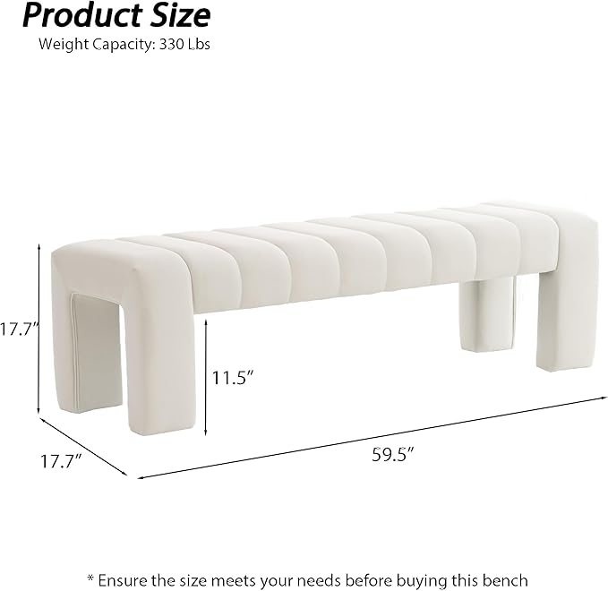 AIITTCC Velvet End of Bed Bench Upholstered Modern 59" Bedroom Bench for King Bed Bench Tufted Window Bench Comfy Long Ottoman for Living Room/Entry/Indoor (Ivory White, 59" Wide)