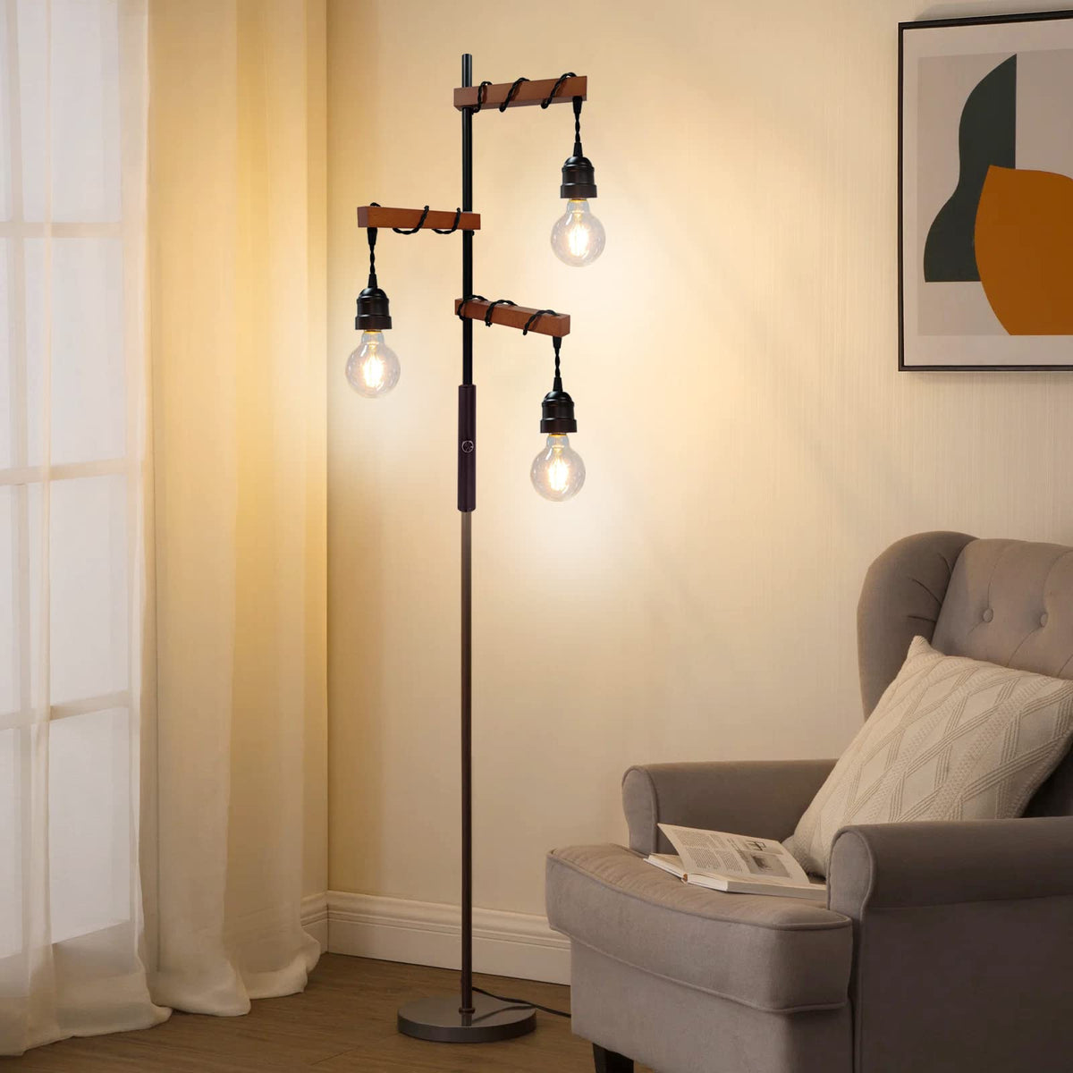 Assemer Dimmable Industrial Floor Lamp,Modern Farmhouse Tree Standing Lamps for Living Room Bedroom Office Rustic Home Decor