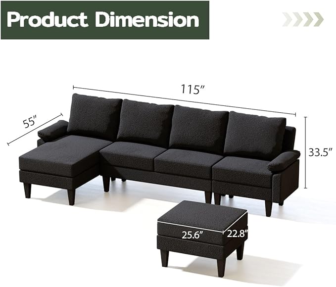 Topcomfy U-Shaped Sectional Couches for Living Room, Convertible 4 Seat Modular Sectional Sofa Set with Ottoman, Modern L Shaped Couch with Chaise for Bedroom Apartment and Office, Chenille Black Gray