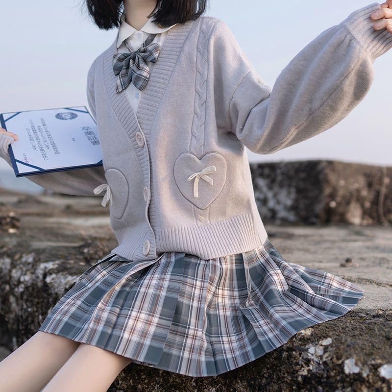 Japan Harajuku Kawaii Pink Knitted Cardigan Women's V-Neck Sweater Cute Bow Heart Korean JK School Uniform Jacket