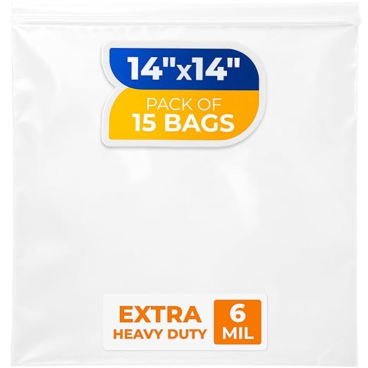 14" x 14" Large Zip Seal Lock Bags, 6 Mil (Pack of 15) – Heavy-Duty Reclosable Plastic Bags – Clear, Resealable, Waterproof – For Storing and Organizing Clothes, Jewelry, and Travel Items