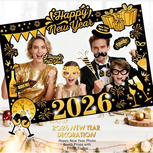 New Years Eve Party Supplies 2026 - NYE Photo Booth Props Kit with Glitter Photo Frame, 2026 Glasses & Mustache (Pack of 19)