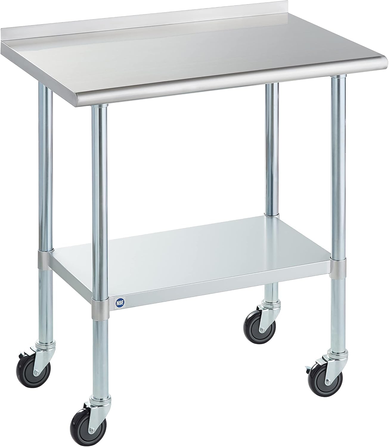 Stainless Steel Table for Prep & Work with Caster & Backsplash 24x36 Inches, NSF Metal Commercial Kitchen Heavy Duty Table with Adjustable Under Shelf and Table Foot for Restaurant, Home and Hotel