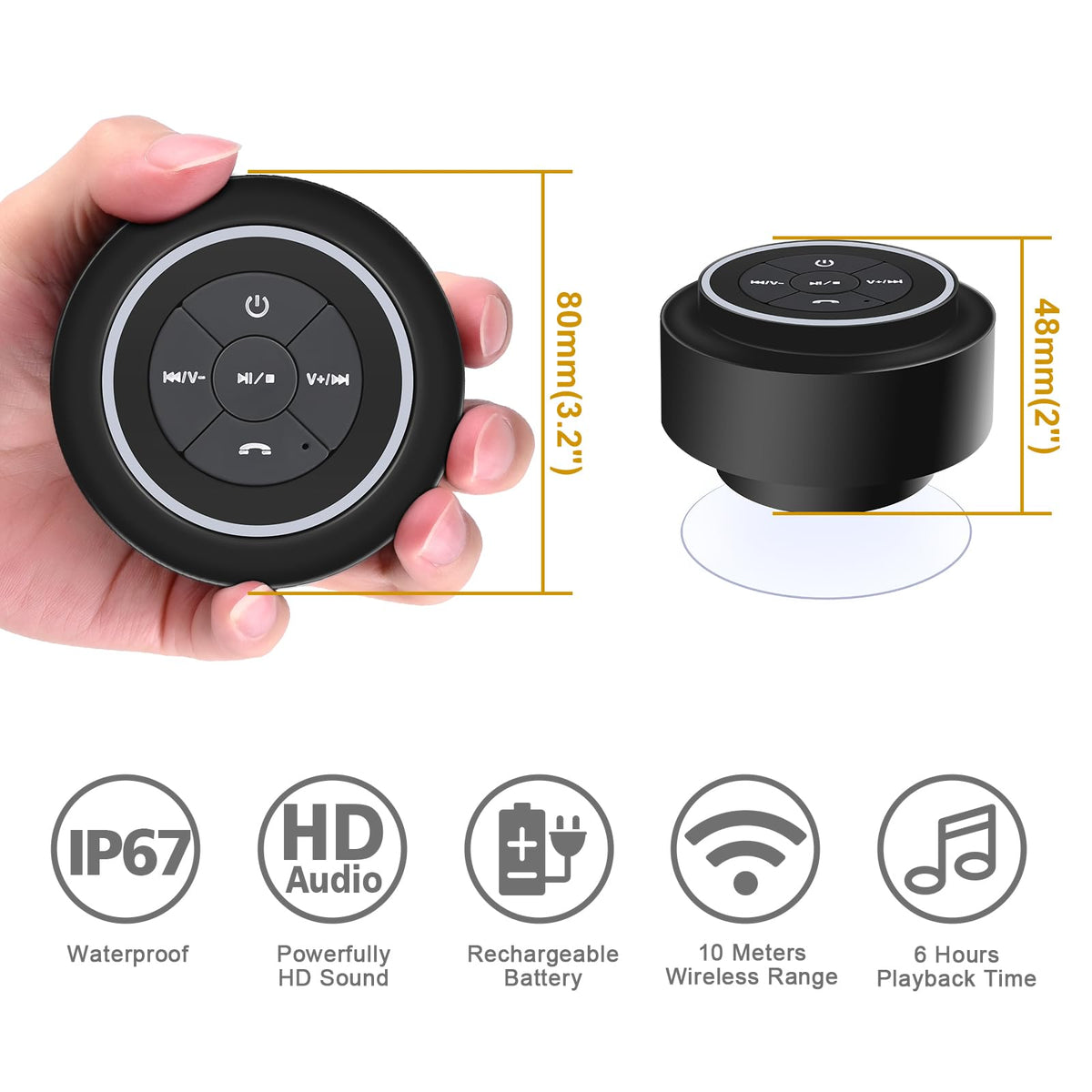 TDLIRH Bluetooth Waterproof Shower Speaker, Portable Wireless Speaker with Suction Cup, Colorful Lights, Teen Gift Idea for Shower, Bathroom, Pool, Beach