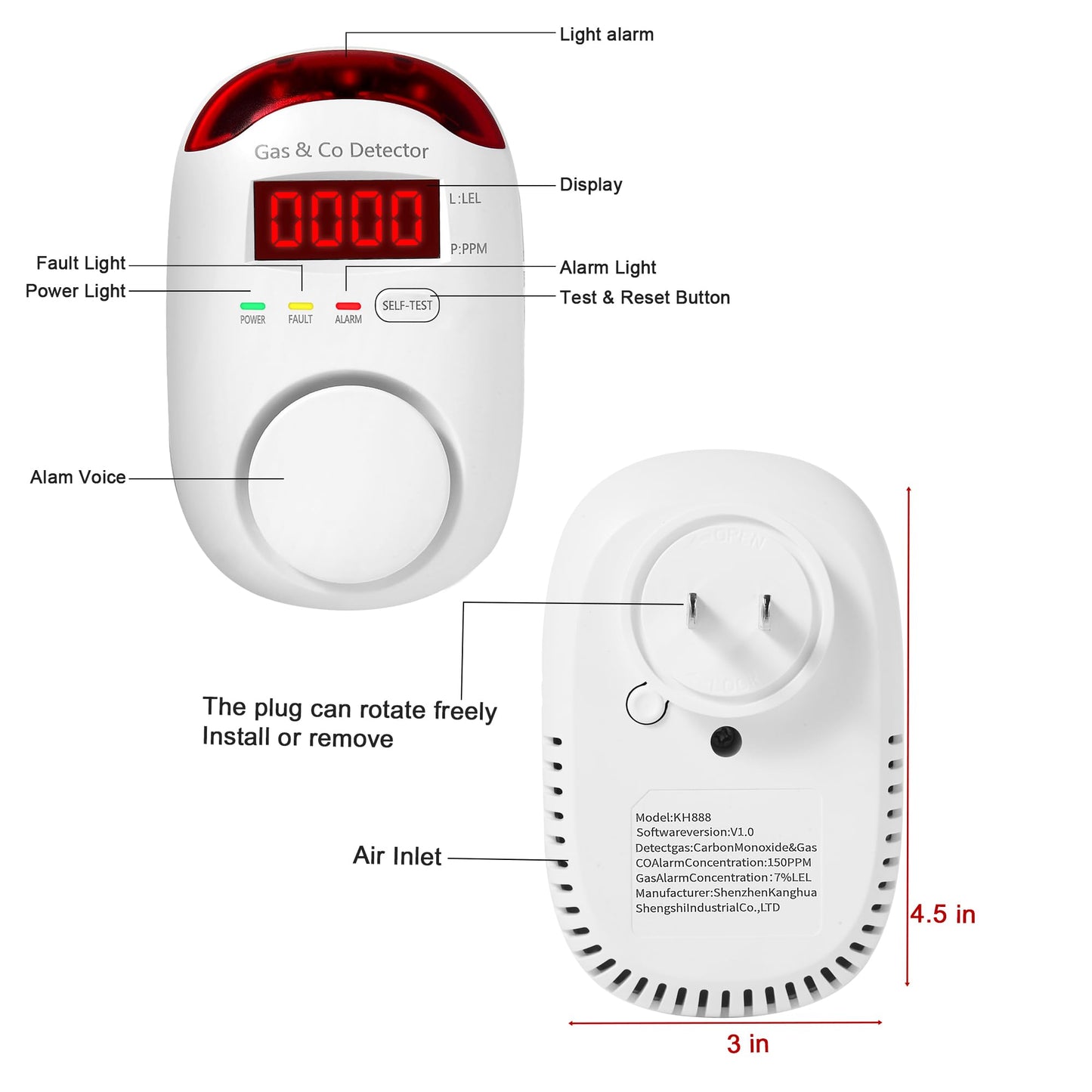 Combination Gas & Carbon Monoxide Detectors Plug in,Hembisen 2-in-1 Natural Gas Detector & Carbon Monoxide Alarm, CO Detector Alarm & Propane, Explosive Gas Detector for Home,RV,Easy to Install