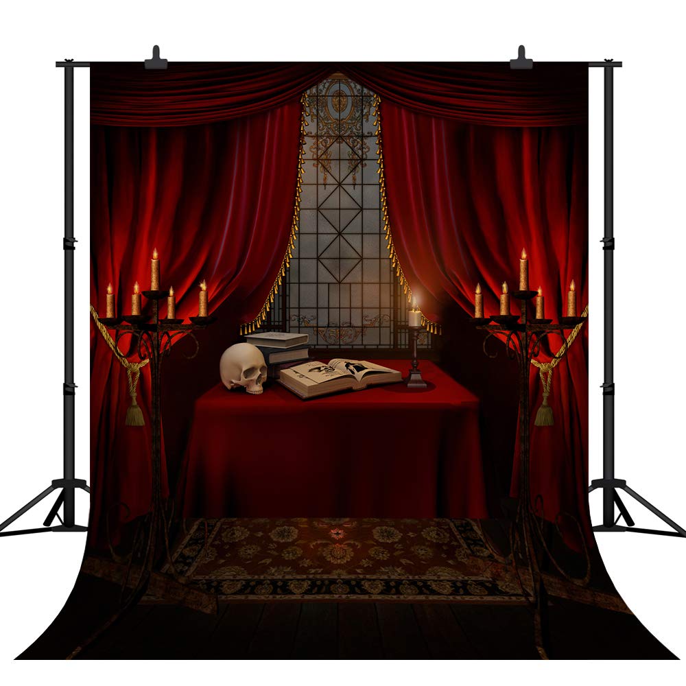 CapiSco 5X7FT Halloween Backdrop Nightmare Before Christmas Backgrounds for Baby Shower Portrait Indoor Night Antique Study Red Curtain Terror Skull Photo Studio Backdrop Party Decorations SCO87