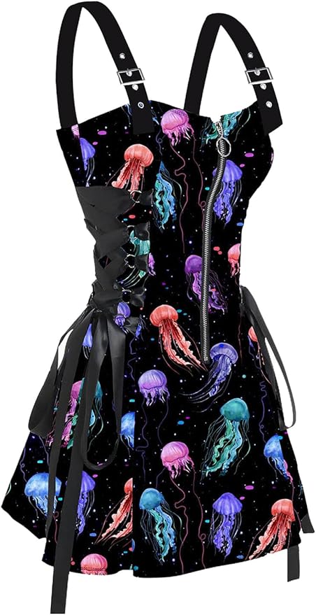 DRESSFO Women’s Gothic Buckle Strap Mini Dress – Lace Up Zipper Dress in Multiple Prints