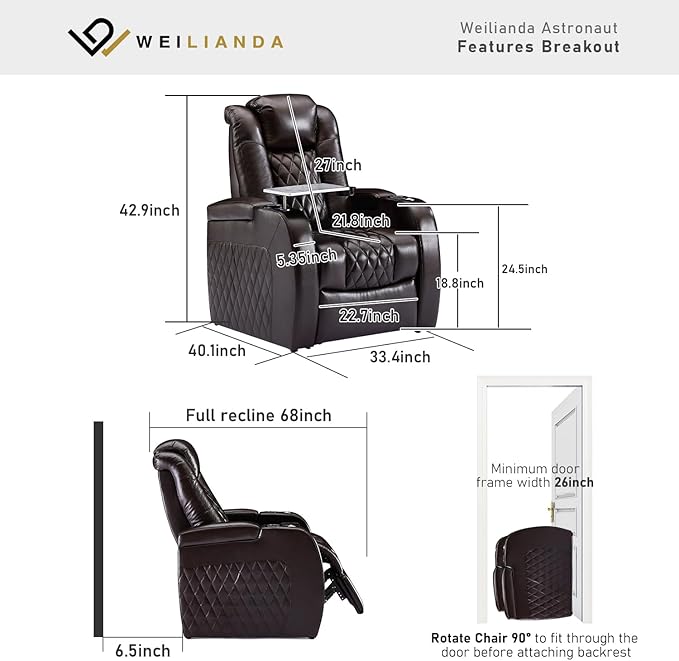 Weilianda Home Theater Seating Top Grain Leather Zero Gravity Recliner Chair Power Headrest Recline Movie Seat Gaming 7 Colors Mood Light Sofa with Tray Table USB Charge Row of 1 Brown
