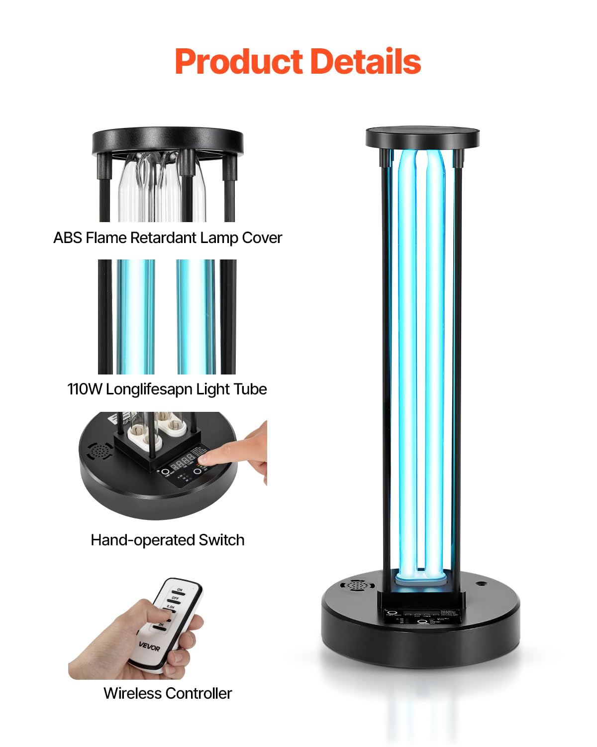 Vevor Uv Light, 36W Ultraviolet Lamp With Ozone Purifier, Uvc Lamp With 30/60/120 Minutes 3-Gear Timer And Remote Control, For R