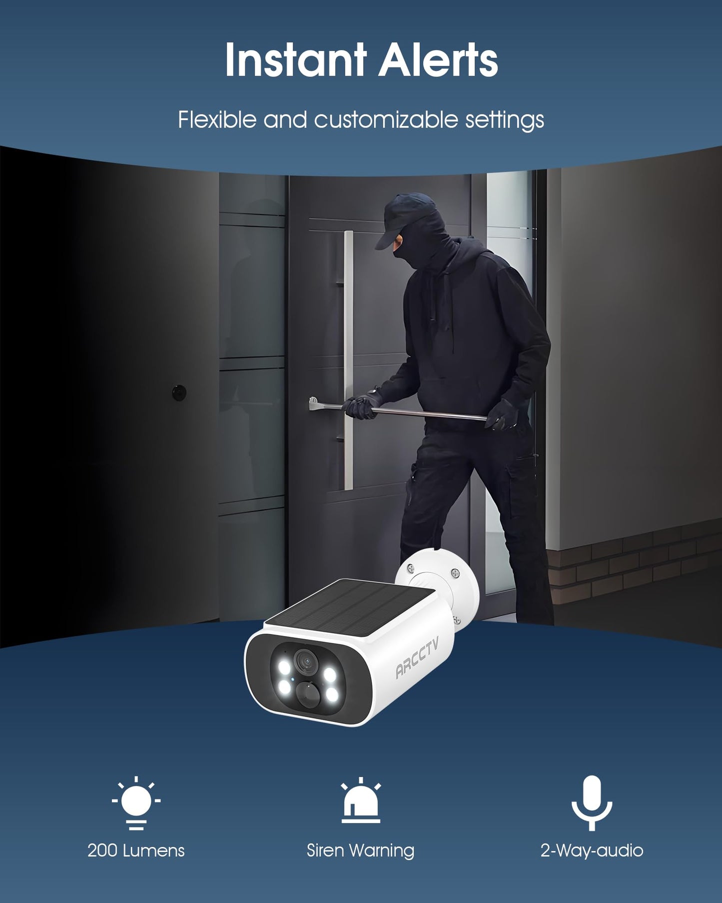 ARCCTV Solar Security Camera Outdoor Wireless, 4MP Battery Powered Home Surveillance Camera with Embedded Solar Panel, PIR Motion Sensor, 2.4G/5G Dual Band WiFi