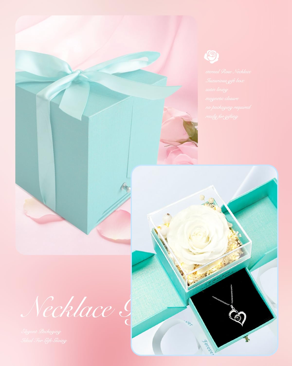 Birthday Gifts for Women, Preserved Real Roses with Heart Necklace I Love You in 100 Languages, Romantic Anniversary Wedding Gifts for Women Her Girlfriend Wife, Forever Roses Necklace Gift Box White