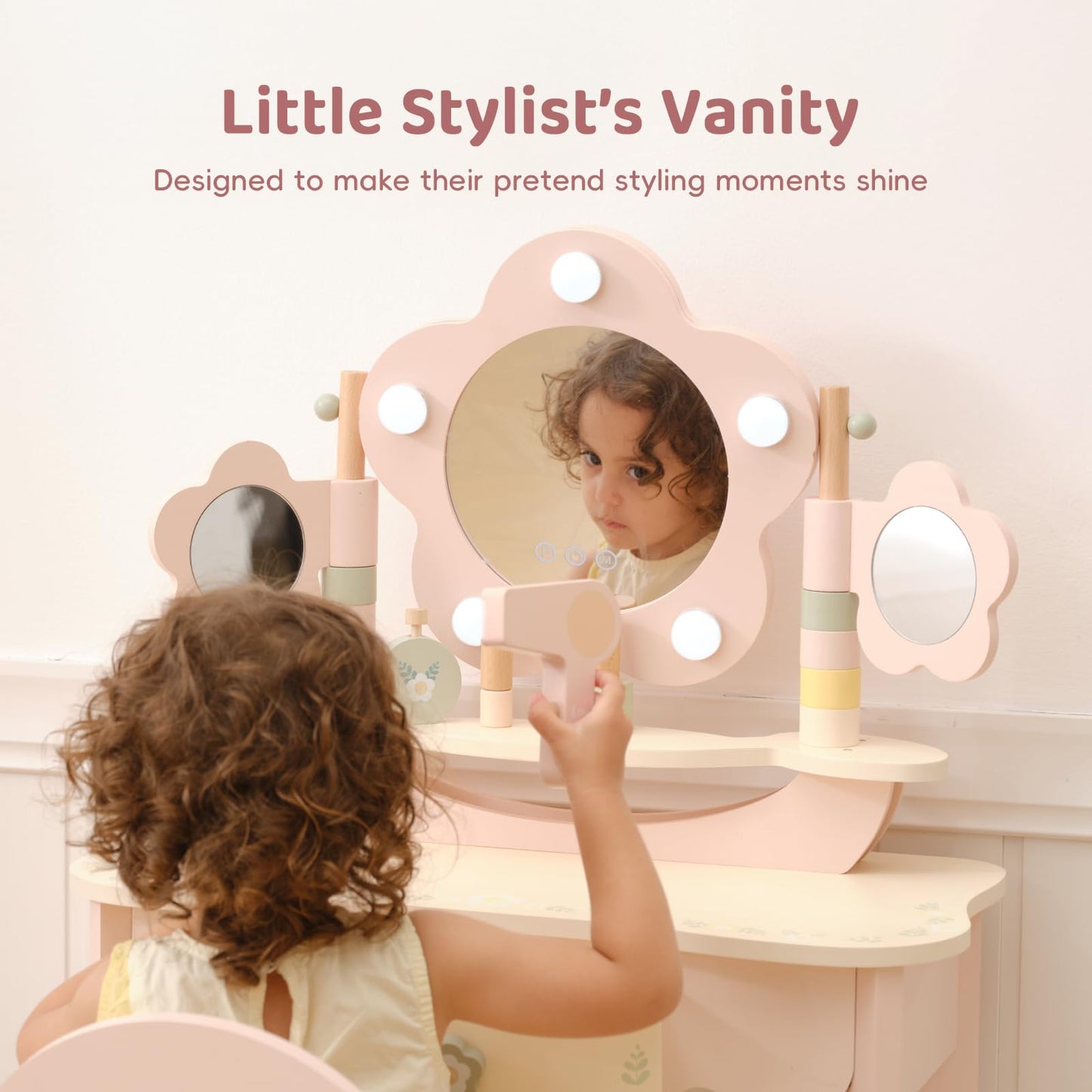 OOOK Kids Vanity Table and Chair Set with Lights, Makeup Vanities with Touch Screen 3 Colors, Pink Girls Vanitys, Enough for Real and Pretend Makeup, Toddler Vanity for 3 Year Old