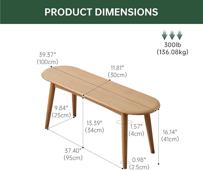 Vadisun 100% Solid Oak Wood Dining Bench, 39.5'' Entryway Bench Ottoman End of Bed Benches with Rounding Corner Design for Kitchen Dining Room Living Room Bedroom, Natural