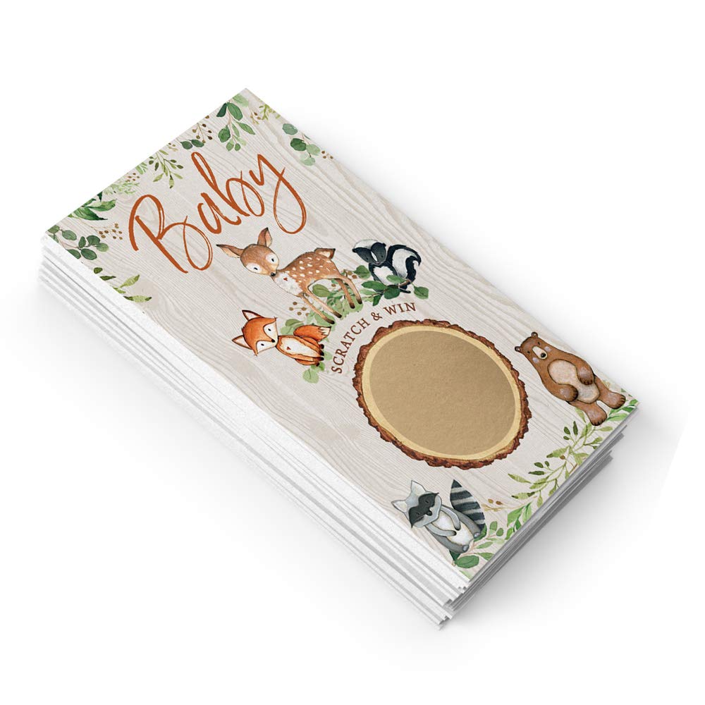 Printed Party Baby Shower Game – Woodland Scratch Off Cards for Boy or Girl, Forest Animal Theme, 30 Cards & Stickers