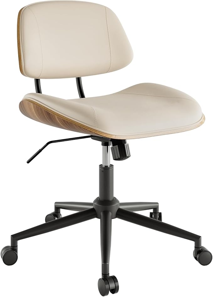 BERYTH Armless Office Chair with Wheels, PU Leather Adjustable Height Desk Chair - 360° Swivel Ergonomic Computer Chair for Small Space, Modern Walnut Style, Home & Meeting Room, Beige