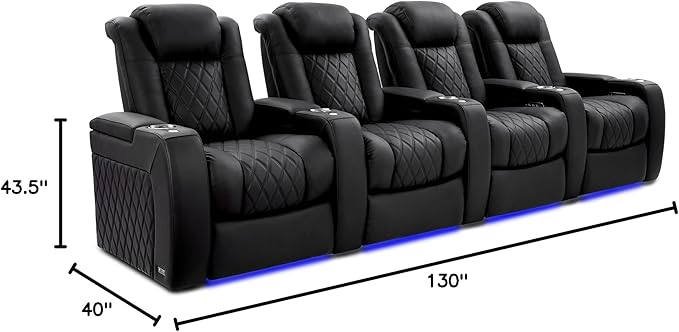 Valencia Tuscany Home Theater Seating Semi-Aniline Italian Nappa 20000 Leather Ultimate Luxury Heat & Ventilation Power Recliner Power Lumbar and Headrest (Row of 4, Onyx)