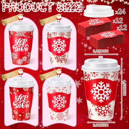 Potchen 24 Sets 12oz Winter Snowflake Coffee Cups with Lids and Sleeves Red Christmas Snowflake Paper Drinking Cups For Xm...
