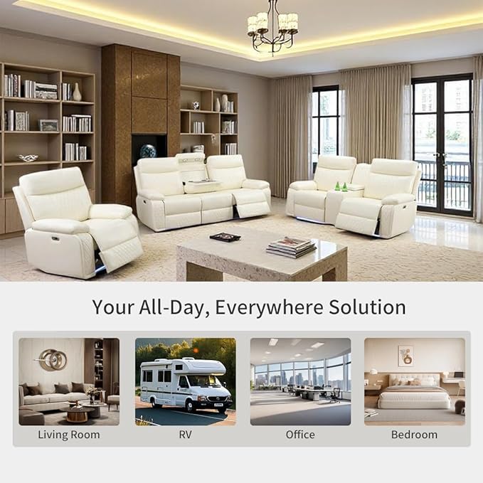 Toseslo 3 Piece Living Room Sets Furniture, Power Recliner Sofa Set with LED Light, Sanded Leather Reclining Sofa Sectional Couches with Cup Holders/Storage Console for House(Vanilla White)