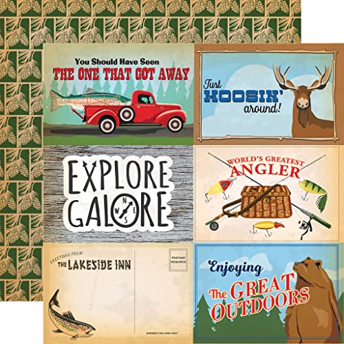 Fishing Scrapbook Paper 12x12 Inch - Outdoor Scrapbook Paper with Fishing Pole, Fish, Outdoor Adventure Theme | Camping Sc...