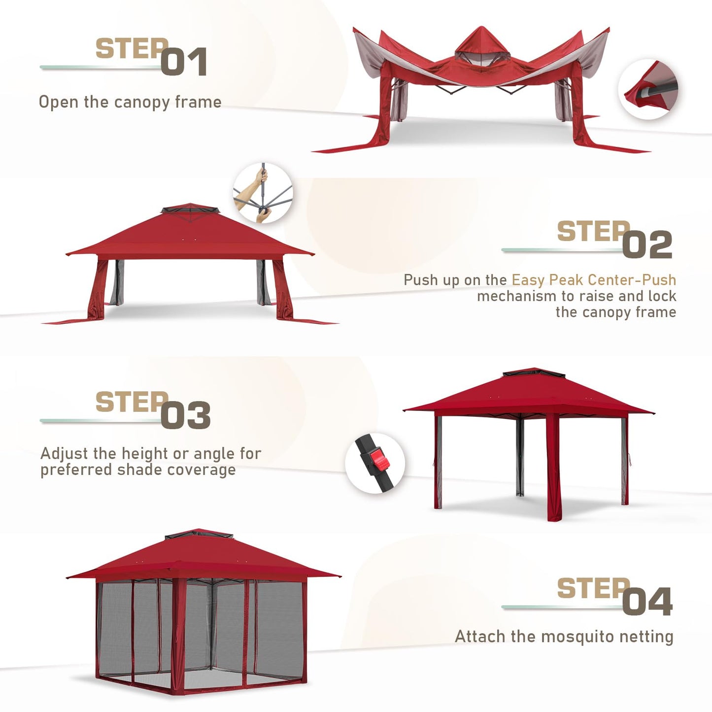 EAGLE PEAK 13x13 Pop Up Gazebo with Mesh Netting, Easy Up Screened Canopy for Patio and Backyard, Easy Set up Outdoor Gazebo (Red)