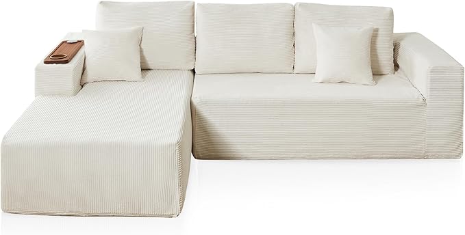 Modular Sectional Sofa Cloud Couch with Multi-Functional Armrests, Boneless Plush L-Shape Living Room Couch with Deep Seat, Fluffy Comfy Sleeper Sofa Easy Assembly (Beige, Right Chaise)