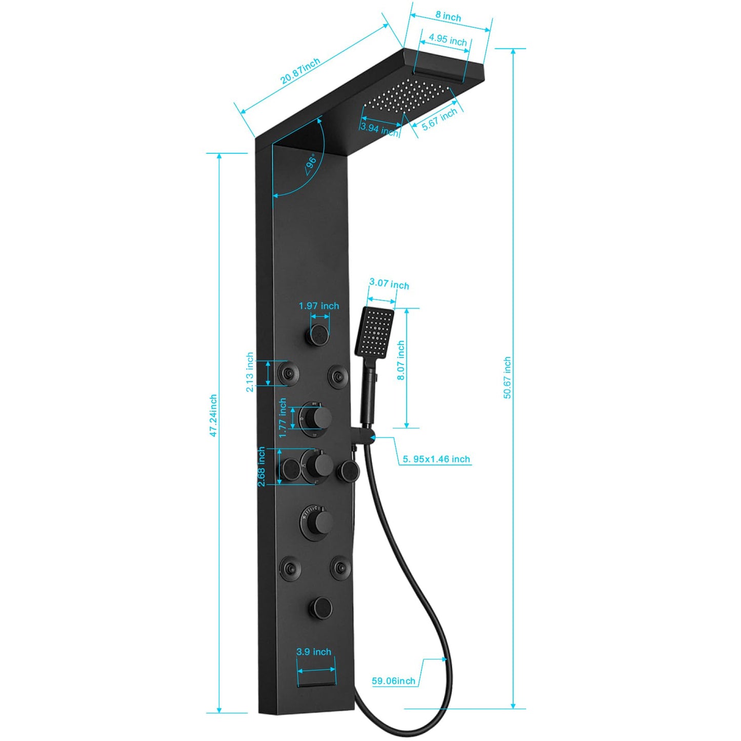 BWE Rainfall Shower Panel Waterfall with Handheld Shower Matte Black 6 IN 1 Stainless Steel Shower Tower Panel System Massage Body Jets with Tub Spout Water Wall Mount