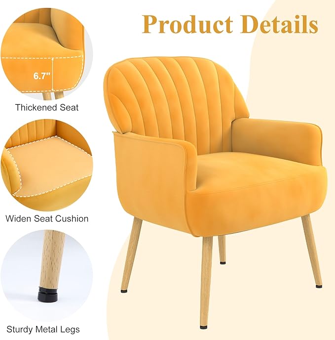 Holiway Velvet Accent Chair, Mid Century Modern Accent Chairs for Living Room, Comfy Upholstered Armchair with Metal Legs for Bedroom/Apartment/Office/Waiting Room, Yellow