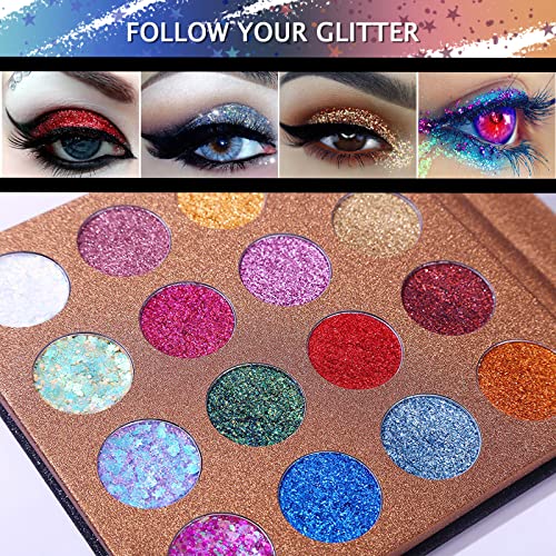 UCANBE Pro Glitter Eyeshadow Palette - Professional 16 Colors - Chunky & Fine Pressed Glitter Eye Shadow Powder Makeup Pal...