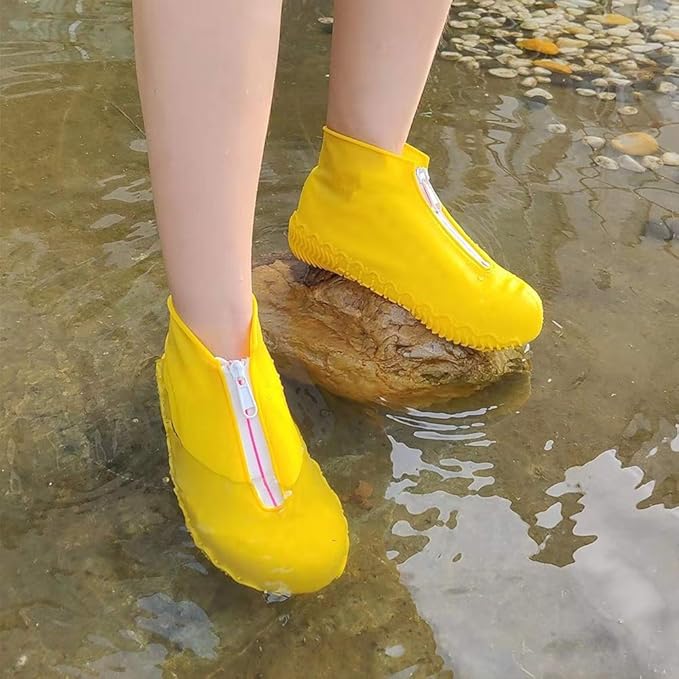 Waterproof Shoe Covers, Silicone Reusable Shoe Cover Non-slip Durable Zipper Elastic Rain Cover Protection for Men Women (L (Women 7.5-10.5, Men 6.5-9), Yellow)