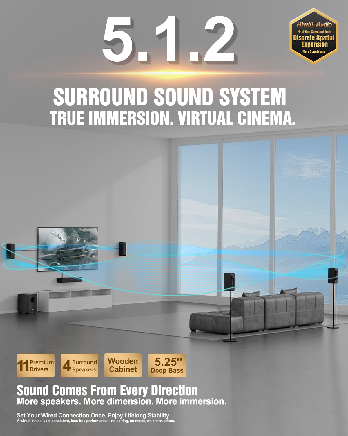 5.1.2 Virtual Surround Sound System for Small Rooms, Compact Smart TV Sound Bars Home Theater w/4 Wired Speakers, Clear Voice & Deep Bass, 5.25'' Wired Subwoofer Soundbar Easy Setup, ARC/OPT/BT, 2026