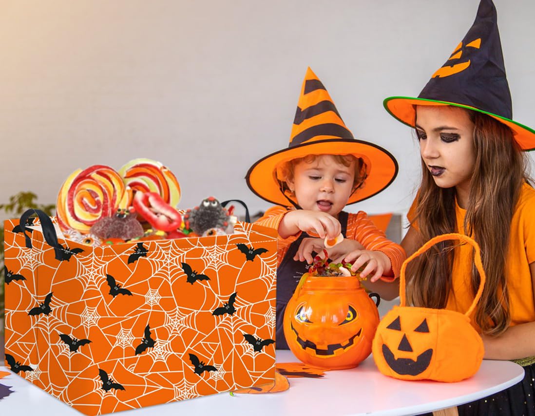 HIYAGON Rectangular Halloween Basket for Boys and Girls Kids Trick or Treat Pumpkin Basket for Halloween Parties Cute Storage Bin Organizer Box Room Decor(Bat spider web)