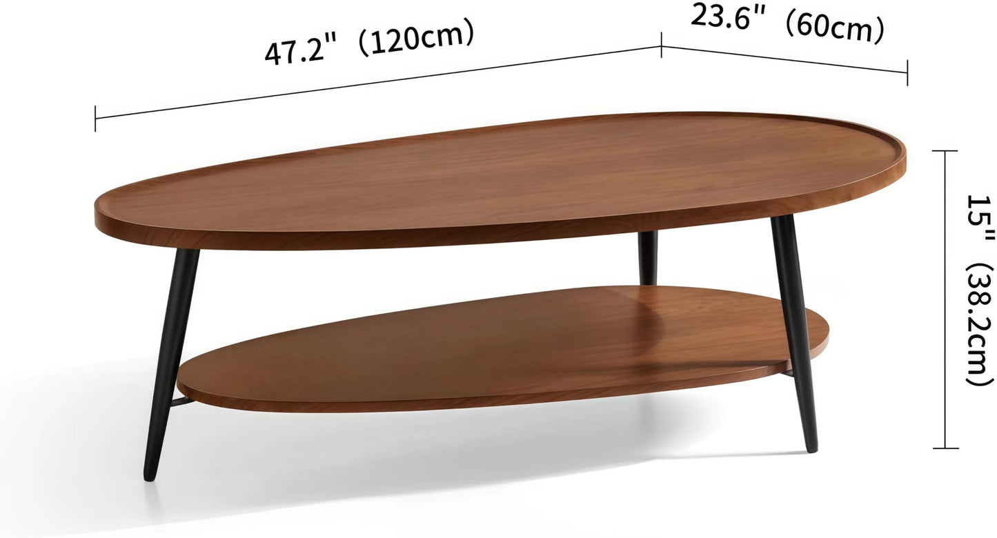 Shrine Oval Coffee Table, Mid-Century Modern Coffee Table, Brown Walnut Wood Table for Living Room, D47''x W23.6''x H15'', Sleek Conical Metal Legs with Black Finish