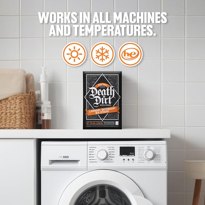 Death to Dirt Laundry Detergent Sheets, 64 Loads, Tough on Stains and Odors, Gentle on Skin and Fabric, Plant-Based & Eco-Friendly, Zero Trace Unscented, 32ct