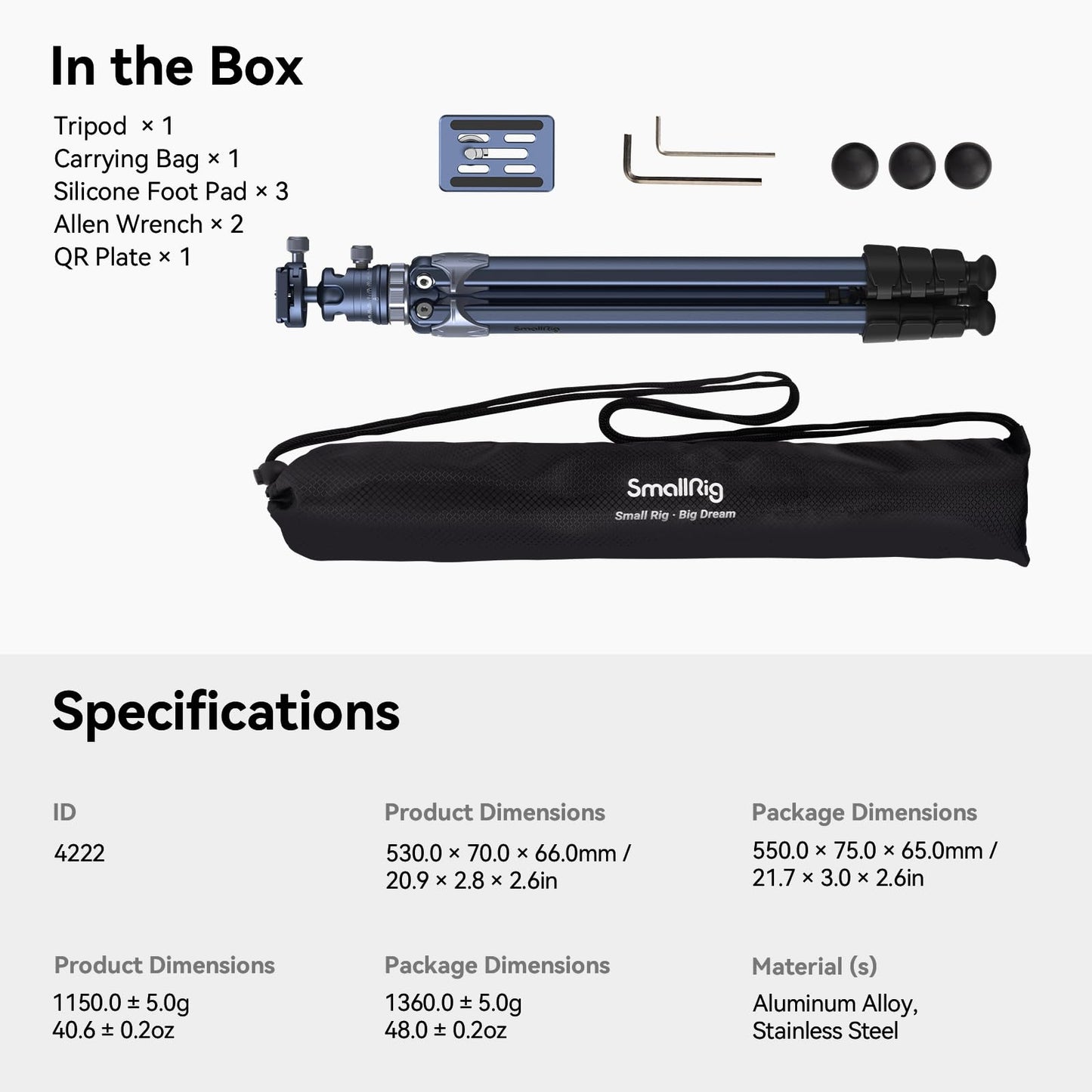 SmallRig AP-02 Lightweight Travel Tripod, 63" Camera Tripod with Compact Unconventional Center Column, 360° Ball Head, QR Plate, Travel Bag, Load up to 17.6 lbs / 8 kg, for Most DSLR Cameras -4222