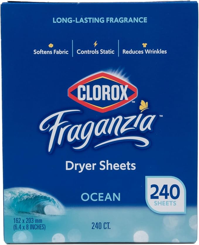 Clorox Fraganzia Fabric Softener Dryer Sheets, Ocean Scent - Wrinkle Reducing Scented Softening Laundry Dryer Sheets for Great Smelling Clothes, 240 Count
