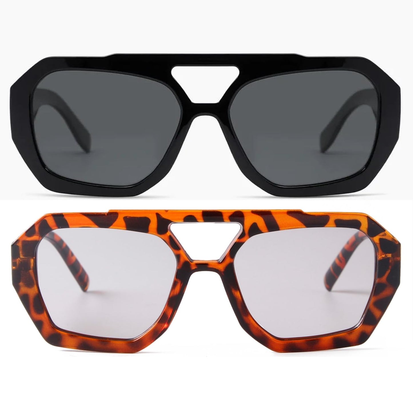 ADE WU Trendy Designer Hexagon Aviator Sunglasses for Women Thick Frame Double Bridge Geometric Sun Glasses Black & Leopard Print