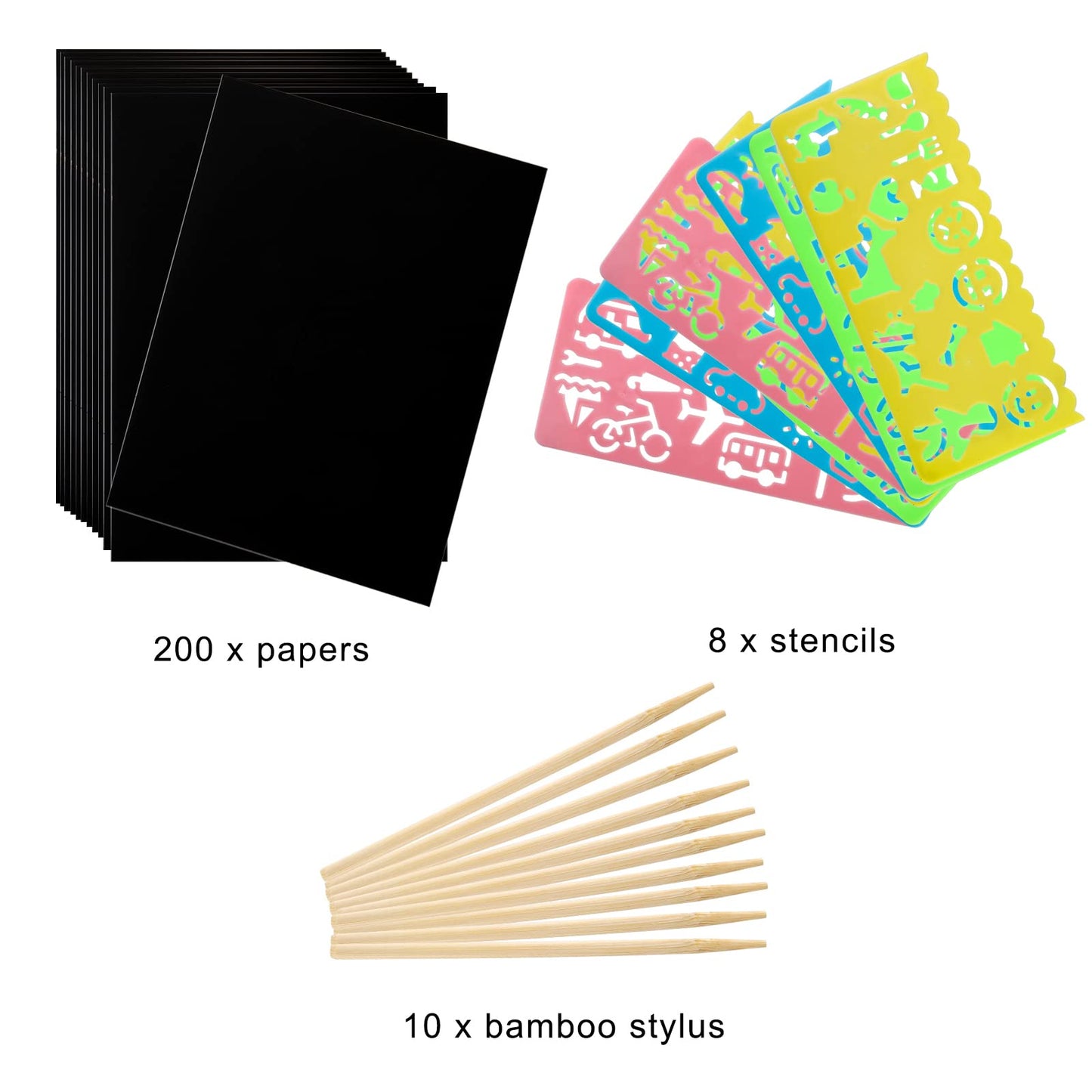 ZEAYEA 200 Pcs Scratch Paper Art Set, Scratch Off Magic Paper with 10 Stylus, 8 Stencils, Black Scratch Notes for Boys and Girls DIY Crafts Christmas Birthday Gift Cards