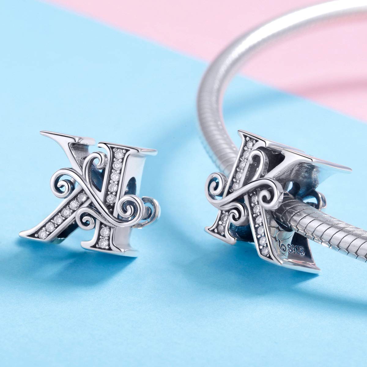 BISAER 925 Sterling Silver Initial Letter K Charms for Bracelets Alphabet Beads Charm Jewelry Gifts