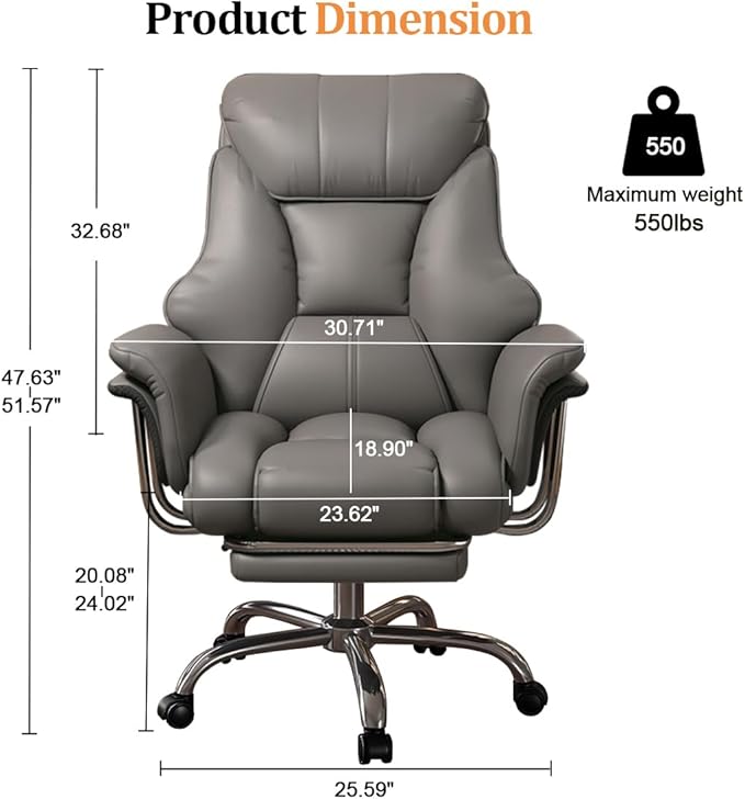 HDHNBA Big and Tall Office Chair 550 lbs Extra Wide Leather Executive Chair with Retractable Footrest, Heavy-Duty Ergonomic Chair, Adjustable Height Computer Gaming Chairs