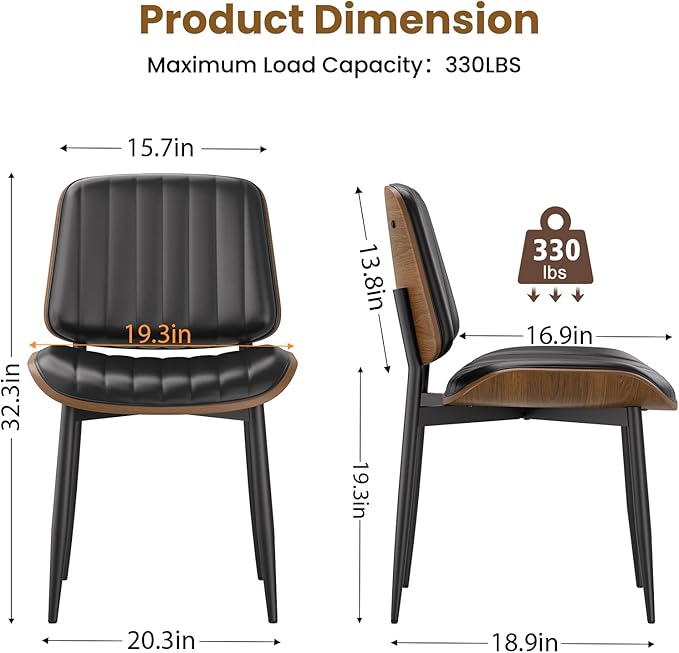 YaFiti Dining Chairs Set of 2, FSC Certified Mid Century Modern Dining Room Kitchen Chairs, Upholstered PU Leather Vertical Stripe Chairs for Vanity with Walnut Bentwood and Metal Legs, Black