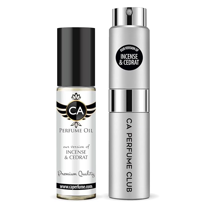 CA Perfume Duo Impression of Incense & Cedrat For Women And Men Perfume Layering Set Long Lasting Travel Size EDP + Body Oil Roll-On Bottle 0.27 Fl Oz+0.33 Fl Oz