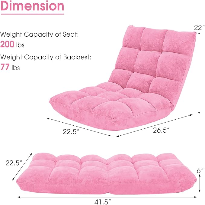 MAT EXPERT 14-Position Floor Chair, Floor Gaming Chair w/Soft Coral Fleece, Alloy Steel Frame, Padded Lazy Couch Recliner, Floor Chair with Back Support for Reading, Meditating, Playing Game (Pink)