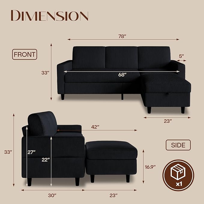 POYISOU Sectional Couches for Living Room, L Shaped Couch with Storage Ottoman, Small Sofa Corduroy Couch with Side Pockets, Modern 3 Seater Convertible Sofa for Apartment, Office, Black