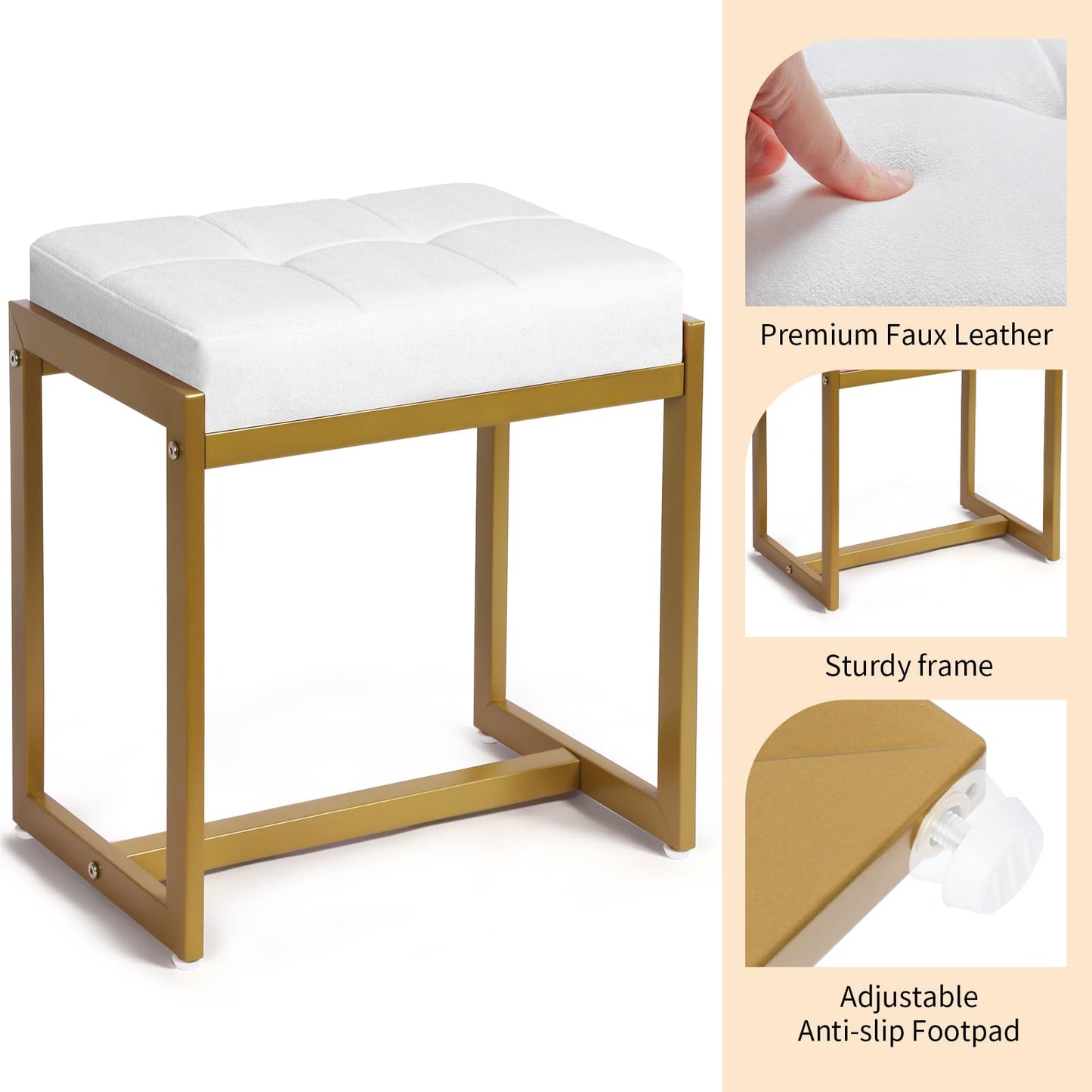 Faux Fur Vanity Stool Chair, Vanity Chair with Gold Metal Leg, Furry Soft Padded Makeup Footstools Seat Ottoman, Modern Chairs for Makeup, Bedroom, Square Small Stool Bench for Vanity White&Gold