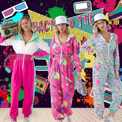 VillbeCoser Hoodies Jumpsuit 80s 90s Outfits for Women Tracksuit Costume One Piece Windbreaker Hip Hop Neon Party