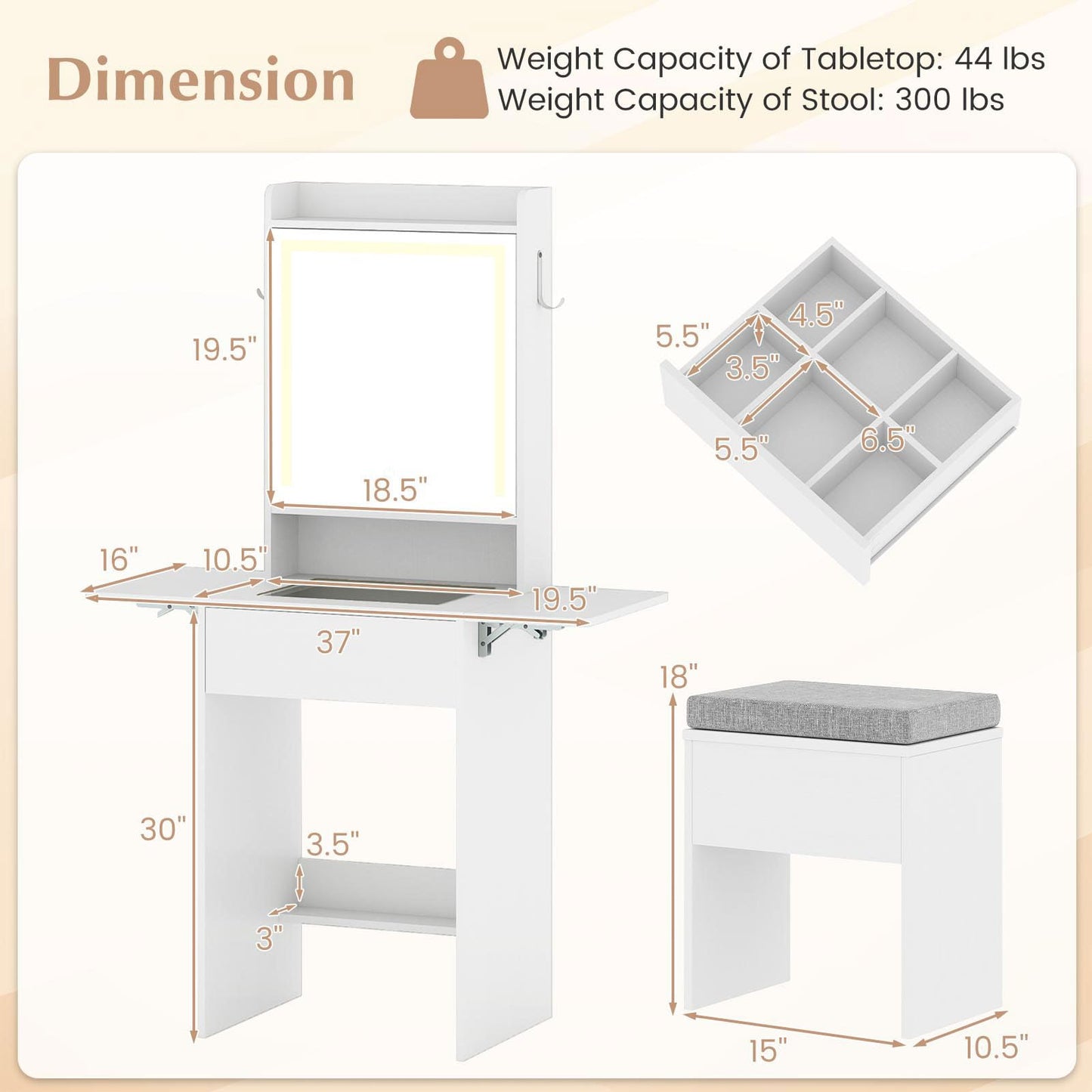 CHARMAID 20'' Girls Vanity Desk with Lighted Mirror & Charging Station, Glass Top Makeup Table with Fold-Up Side Panels, Mirrored Cabinet, Drawer & Storage Stool for Bedroom Small Place (White)