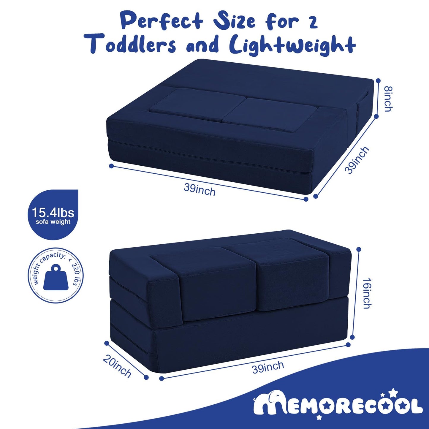 MeMoreCool Convertible Modular Kids Foam Play Couch Sofa – Navy Fold-Out Toddler Couch for Playroom or Bedroom