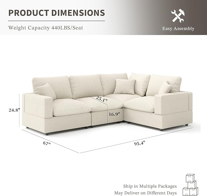Cloud Couch Modular Sectional Sofa, 95.4" 4-Seater L Shaped Sectional Couches for Living Room, Convertible Cloud Sofa with Ottoman, Down Filled Wide & Deep Seat, Removable Washable Cushion Covers